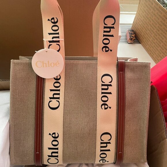 Brand New Authentic CHLOÉ Medium Woody Linen Tote Bag - Picture 1 of 6